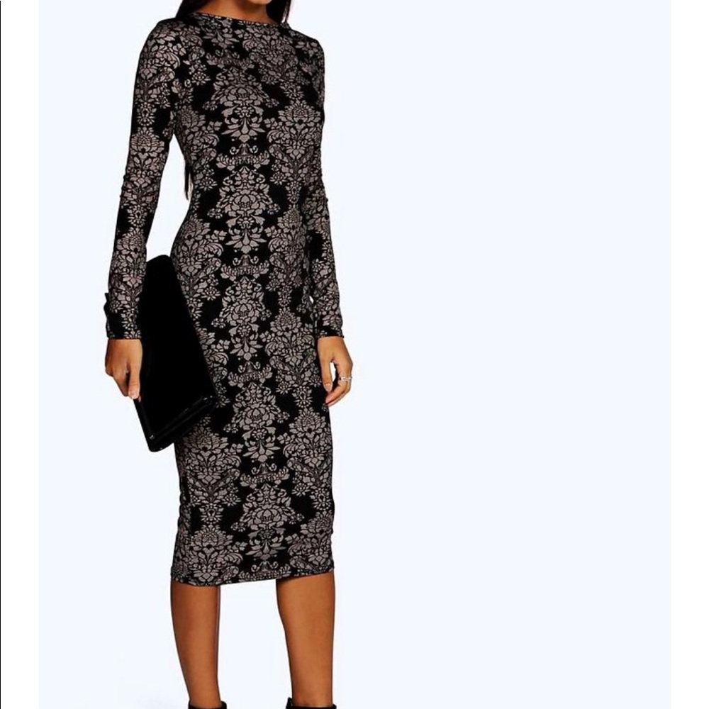 Black & silver long sleeve bodycon midi dress